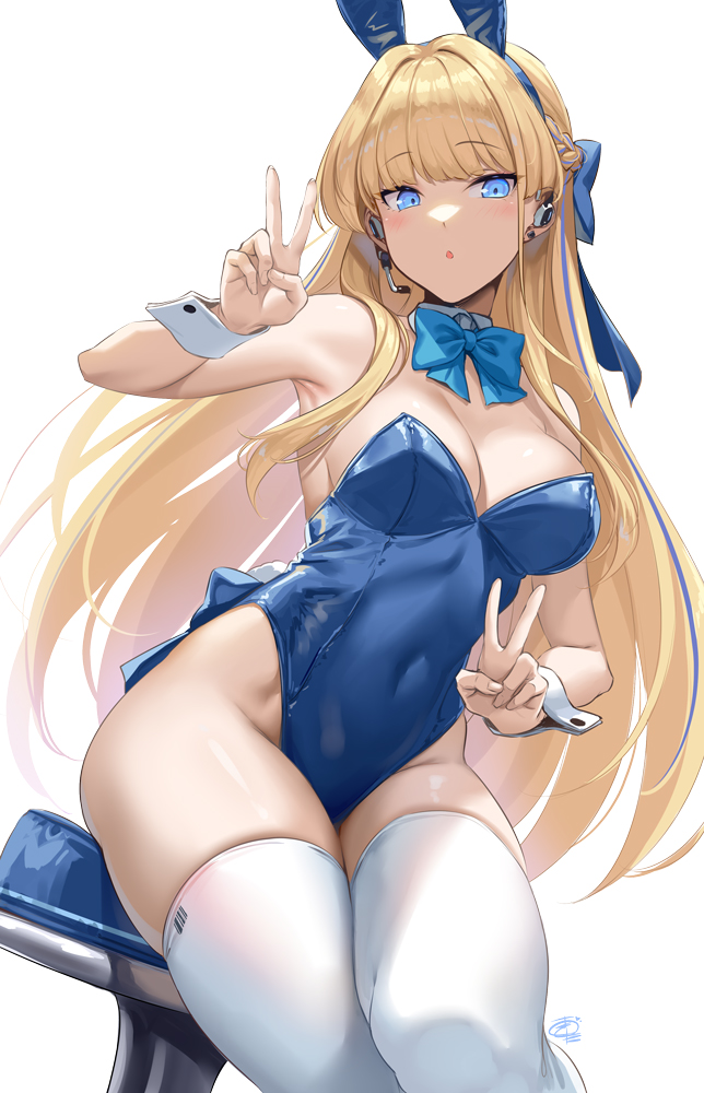 1girl animal_ears bar_stool blonde_hair blue_archive blue_bow blue_bowtie blue_eyes blue_leotard blunt_bangs bow bowtie braid breasts commentary covered_navel detached_collar double_v earpiece fake_animal_ears fake_tail french_braid hair_bow hair_down hands_up highleg highleg_leotard leotard long_hair looking_at_viewer medium_breasts official_alternate_costume official_alternate_hairstyle okitakung open_mouth rabbit_ears rabbit_tail signature sitting solo stool strapless strapless_leotard symbol-only_commentary tail thighhighs toki_(blue_archive) toki_(bunny)_(blue_archive) v white_background white_thighhighs white_wrist_cuffs