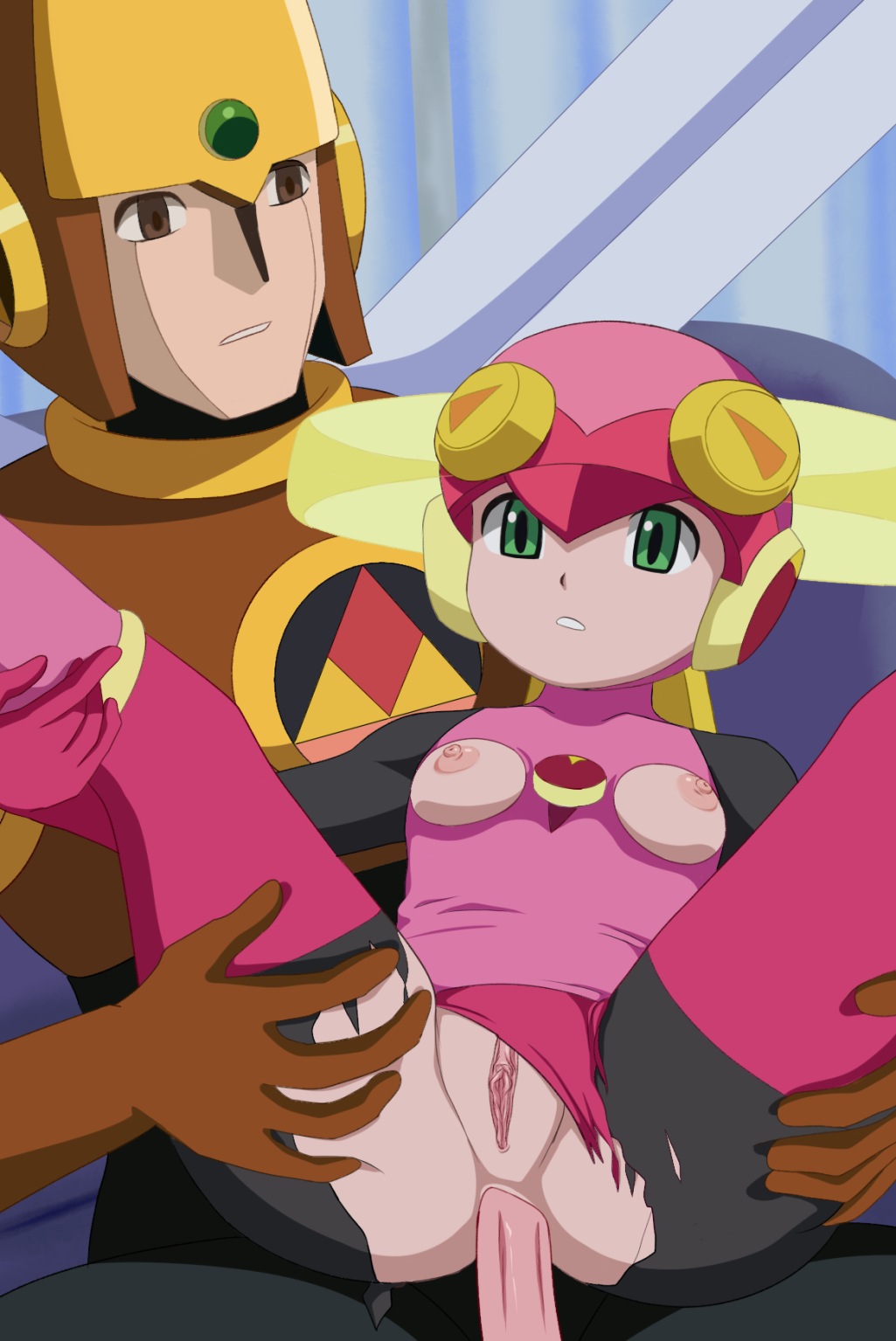 anal armor breasts brown_eyes butt capcom female frown genitals glyde green_eyes hi_res humanoid machine male male/female mega_man_(series) mega_man_battle_network nipples not_furry on_model penis pussy robot roll.exe yuya73