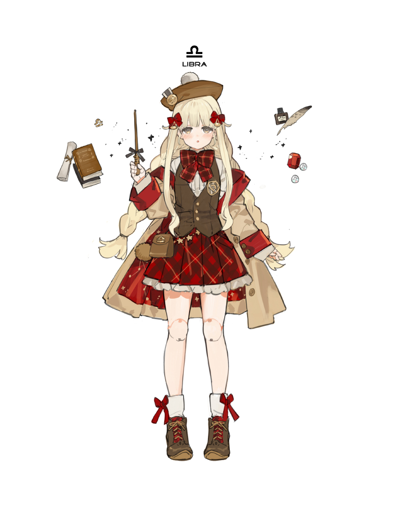 1girl bag bare_legs black_bow blonde_hair blush book bottle bow braid brown_bag brown_footwear brown_headwear buttons constellation cross-laced_footwear doll_joints feathers gem grey_eyes hair_bow hand_up hat holding holding_wand ink_bottle jacket joints libra_(zodiac) long_hair long_sleeves looking_ahead looking_at_viewer open_mouth original paper plaid plaid_bow plaid_skirt red_bow red_gemstone school_uniform skirt socks sparkle star_(symbol) starshadowmagician twin_braids uniform vest wand white_background white_gemstone white_socks zodiac