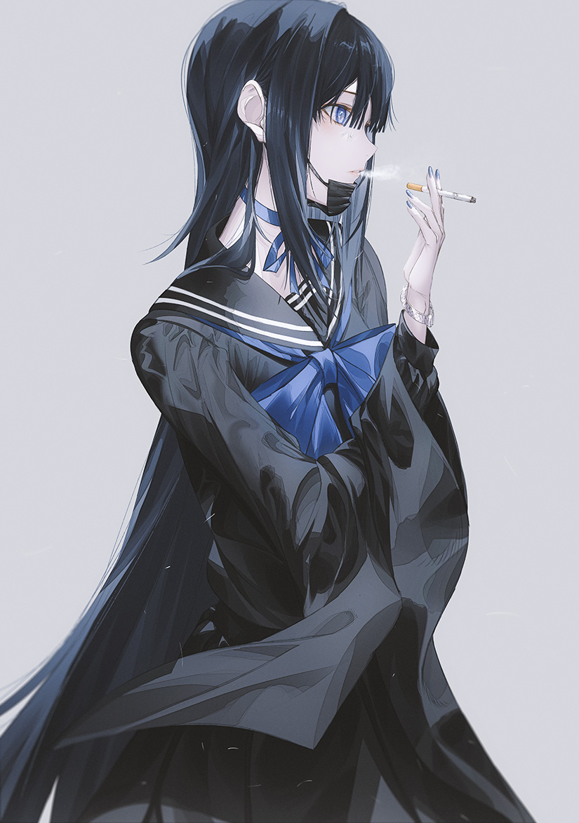 1girl black_hair black_sailor_collar black_serafuku blowing_smoke blue_eyes blue_nails blue_neckerchief blue_ribbon blunt_bangs cigarette commission cowboy_shot fov_ps from_side holding holding_cigarette long_hair looking_to_the_side mask mask_pull mouth_mask neck_ribbon neckerchief original pixiv_commission ribbon sailor_collar school_uniform serafuku simple_background smoking solo standing very_long_hair watch wristwatch