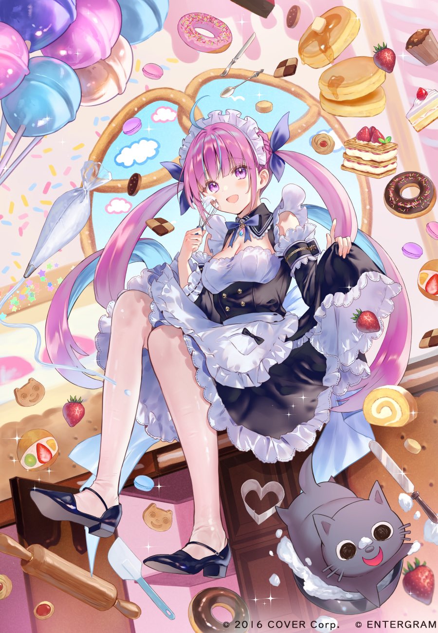 ahoge apron aquarium_(visual_novel) black_collar black_footwear blue_hair blunt_bangs bow bowtie breasts cake candy cat cleavage clothes_lift collar detached_sleeves doughnut food frilled_apron frilled_skirt frilled_sleeves frills fruit hair_bow hanekoto highres hololive lollipop looking_ahead maid maid_headdress medium_breasts minato_aqua multicolored_hair neko_(minato_aqua) official_art open_mouth pink_eyes pink_hair purple_bow purple_bowtie sidelocks sitting skirt smile strawberry thighhighs twintails virtual_youtuber white_apron wide_sleeves