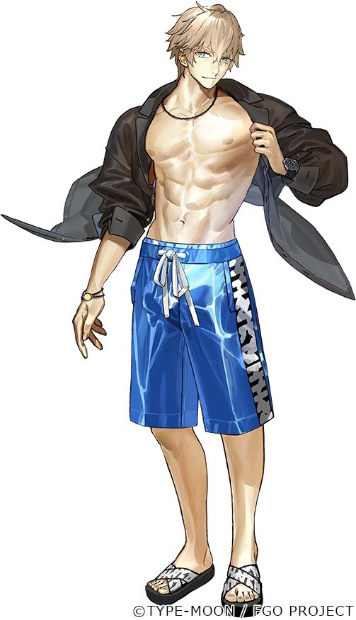 1boy abs adjusting_clothes asymmetrical_sleeves black_jacket blonde_hair blue_eyes bracelet copyright fate/grand_order fate_(series) full_body gawain_(fate) hair_between_eyes jacket jewelry looking_at_viewer male_swimwear necklace no_shirt official_art sandals short_hair simple_background smile standing swim_trunks toned toned_male uneven_sleeves wada_arco watch white_background wristwatch