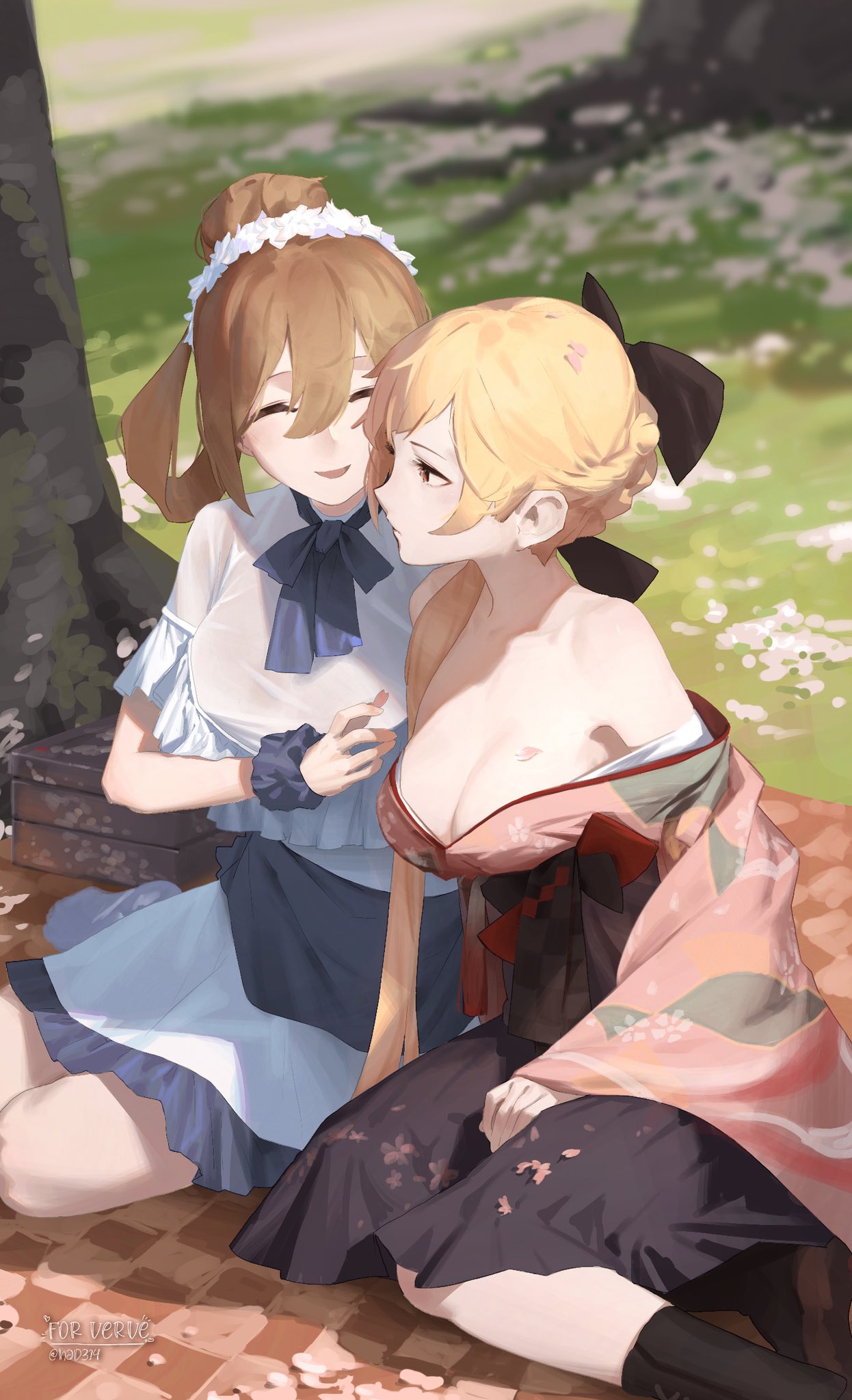 2girls alternate_costume bare_shoulders blonde_hair breasts brown_hair checkered_blanket cherry_blossoms cleavage closed_eyes dress girls'_frontline grass hair_rings highres japanese_clothes large_breasts long_hair looking_at_another lynchis multiple_girls off_shoulder official_alternate_costume ots-14_(flurry_of_petals)_(girls'_frontline) ots-14_(girls'_frontline) outdoors picnic smile springfield_(girls'_frontline) tree