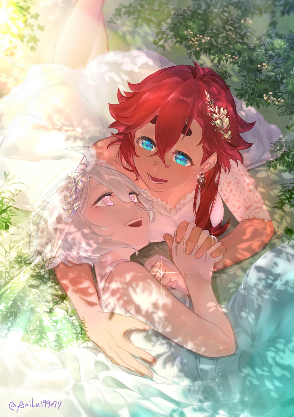 2girls ani_lu bare_shoulders blue_eyes bridal_veil couple dress earrings grey_eyes gundam gundam_suisei_no_majo hair_ornament hand_on_another's_back highres holding_hands interlocked_fingers jewelry leaf lying miorine_rembran multiple_girls on_stomach open_mouth outdoors pink_eyes red_hair ring shade shining short_hair suletta_mercury sunlight twitter_username veil wedding_dress wedding_ring white_dress wife_and_wife yuri