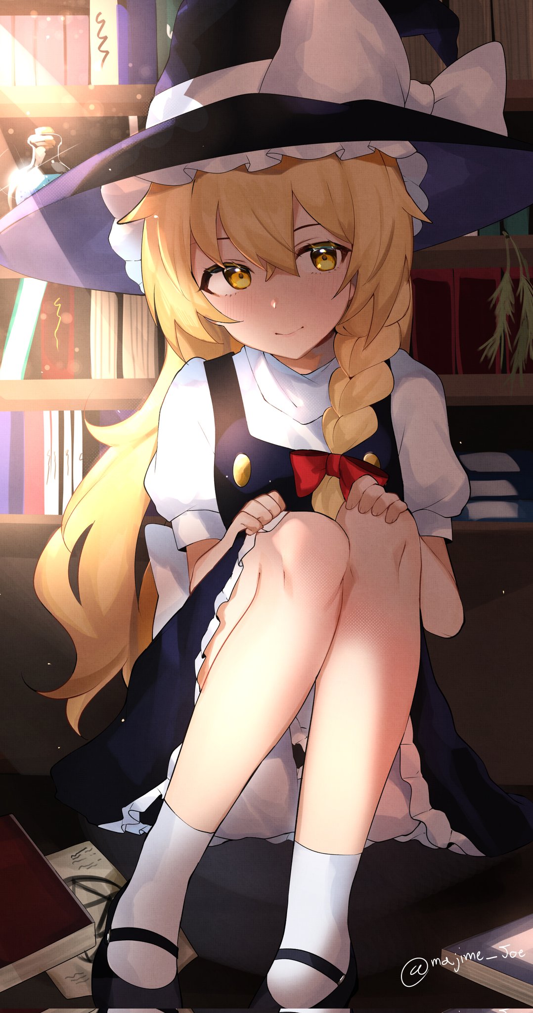 1girl black_vest blonde_hair bloomers blush bookshelf bottle bow braid breasts closed_mouth eyebrows_hidden_by_hair frills full_body glint hair_between_eyes hair_bow hair_ribbon hat highres indoors kirisame_marisa knees_up long_hair looking_to_the_side majime_joe petticoat potion puffy_short_sleeves puffy_sleeves red_bow ribbon short_sleeves sidelighting single_braid sitting small_breasts smile solo touhou tress_ribbon twitter_username underwear vest witch_hat yellow_eyes