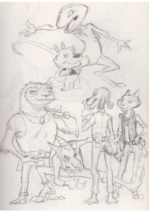 albert_lupine alien anthro ayato belt black_and_white bottomwear bovid canid canine canis caprine clothing dog_tags domestic_cat domestic_dog felid feline felis goat group lupine_and_scott male mammal monochrome object_in_mouth open_mouth pants pilosan scott_(ayato) shirt sketch sloth smile tank_top teeth_showing tongue_showing topwear wolf xenarthran