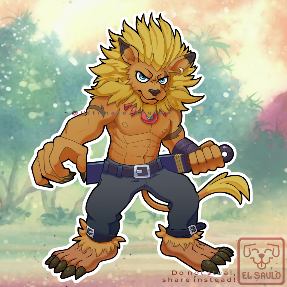 bandai_namco beard belt blonde_hair blue_eyes bottomwear claws clothed clothing digimon digimon_(species) facial_hair hair leomon looking_at_viewer male mane melee_weapon navel nipples pants pecs plantigrade scar sheathed_weapon solo sword topless ultimatesaulo weapon