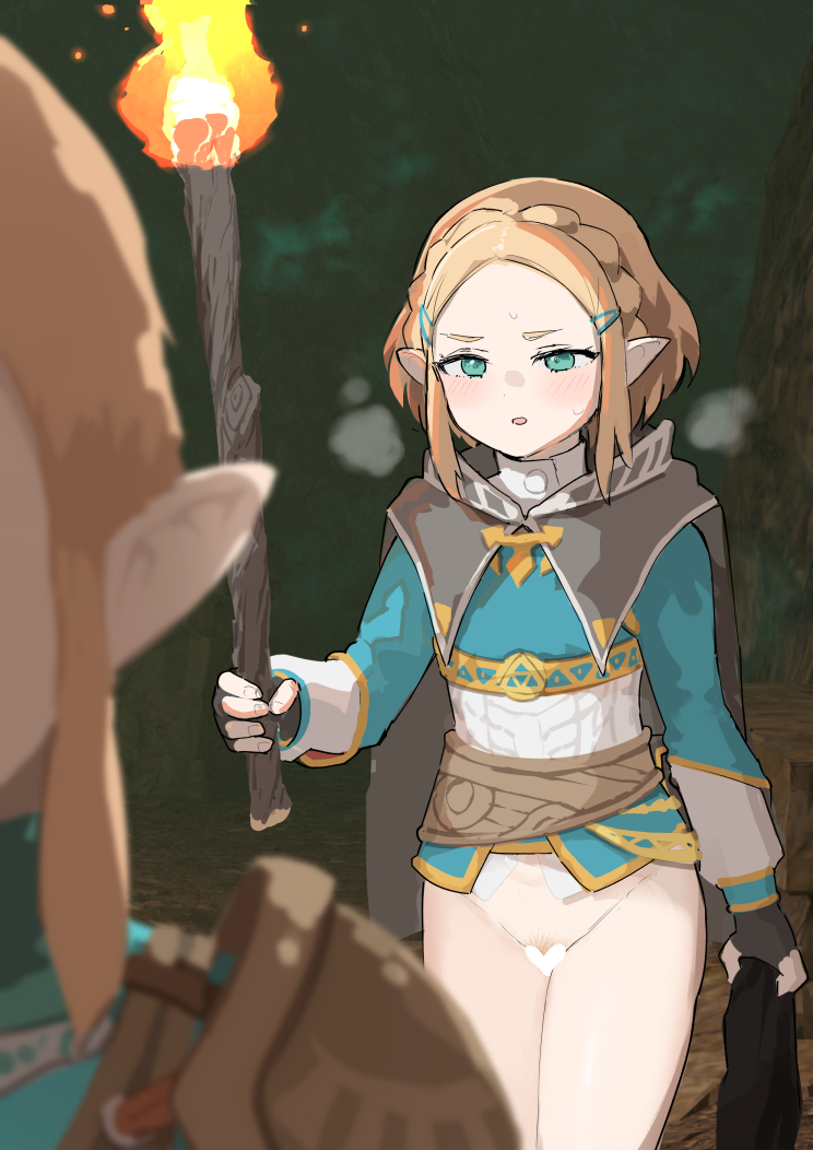 1boy 1girl blonde_hair blonde_pubic_hair braid censored exhibitionism female_pubic_hair fire green_eyes hair_ornament hairclip heart heart_censor holding holding_torch link no_panties ponytail princess_zelda pubic_hair public_indecency samidare_(hoshi) short_hair the_legend_of_zelda the_legend_of_zelda:_tears_of_the_kingdom thighs torch walking