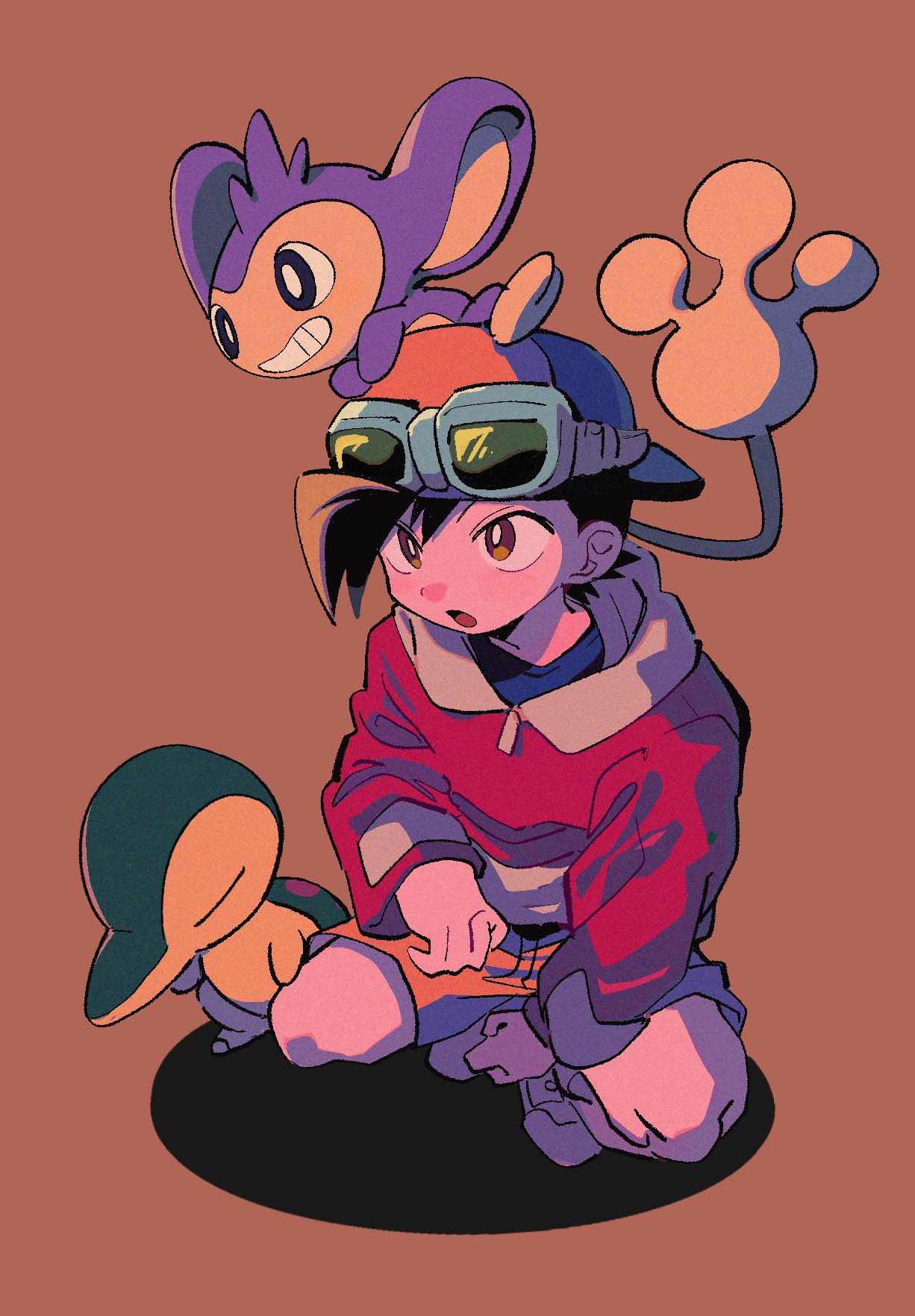 1boy :o aipom backwards_hat black_hair bright_pupils brown_background brown_eyes commentary_request cyndaquil ethan_(pokemon) goggles goggles_on_headwear hat highres jacket knees long_sleeves male_focus ok_ko19 on_head open_mouth pokemon pokemon_(creature) pokemon_adventures pokemon_on_head short_hair shorts squatting white_pupils