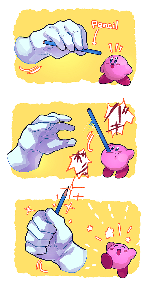 :d ^_^ arms_up arrow_(symbol) blue_eyes blush blush_stickers border chiimako closed_eyes closed_mouth emphasis_lines happy holding holding_pencil kirby kirby_(series) master_hand motion_lines no_humans notice_lines open_mouth outside_border pencil sharpening simple_background smile sparkle star_(symbol) super_smash_bros. white_border yellow_background