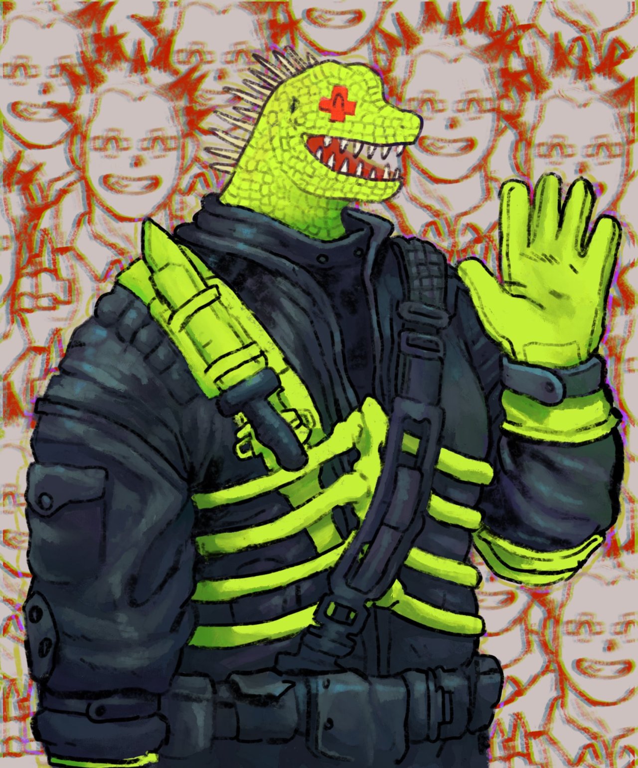 anthro belt clothed clothing dorohedoro green_body green_scales hi_res jacket kaiman_(dorohedoro) knife lizard male plastiboo reptile scales scalie sharp_teeth smile solo spines teeth topwear