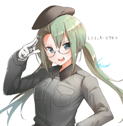 1girl blue_eyes breasts commentary_request eiri_(eirri) glasses gloves green_hair grey_jacket hat jacket medium_breasts open_mouth original signature smile solo translation_request twintails upper_body v-shaped_eyebrows white_gloves