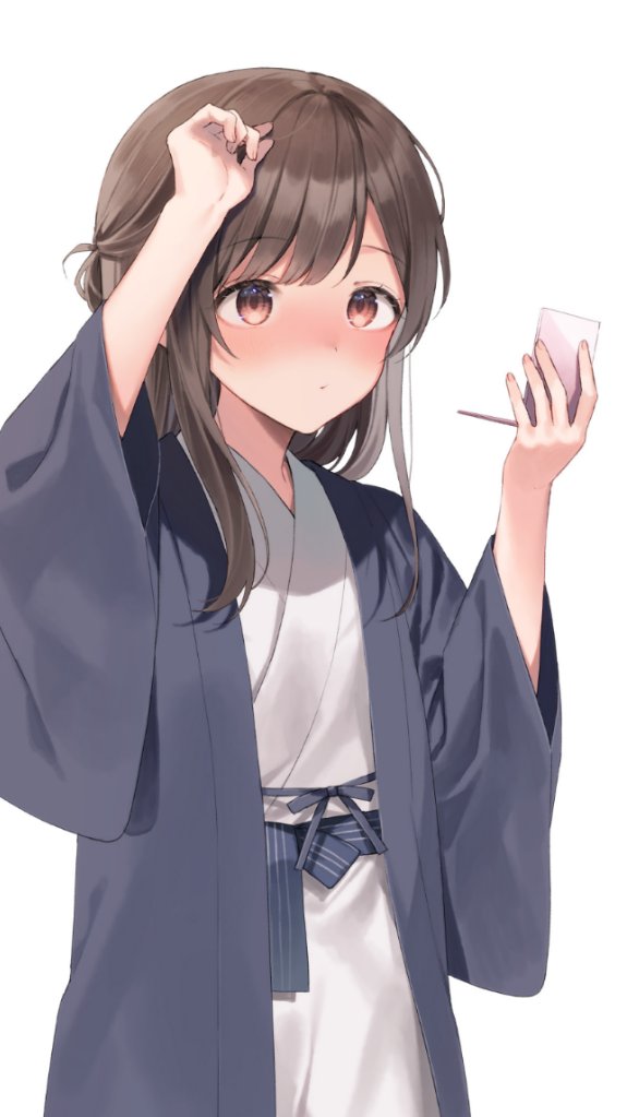 1girl arm_up blush brown_eyes brown_hair closed_mouth commentary_request hand_mirror hand_up holding japanese_clothes kimono long_hair long_sleeves looking_away looking_up midorikawa_you mirror nose_blush open_clothes original simple_background solo white_background white_kimono wide_sleeves