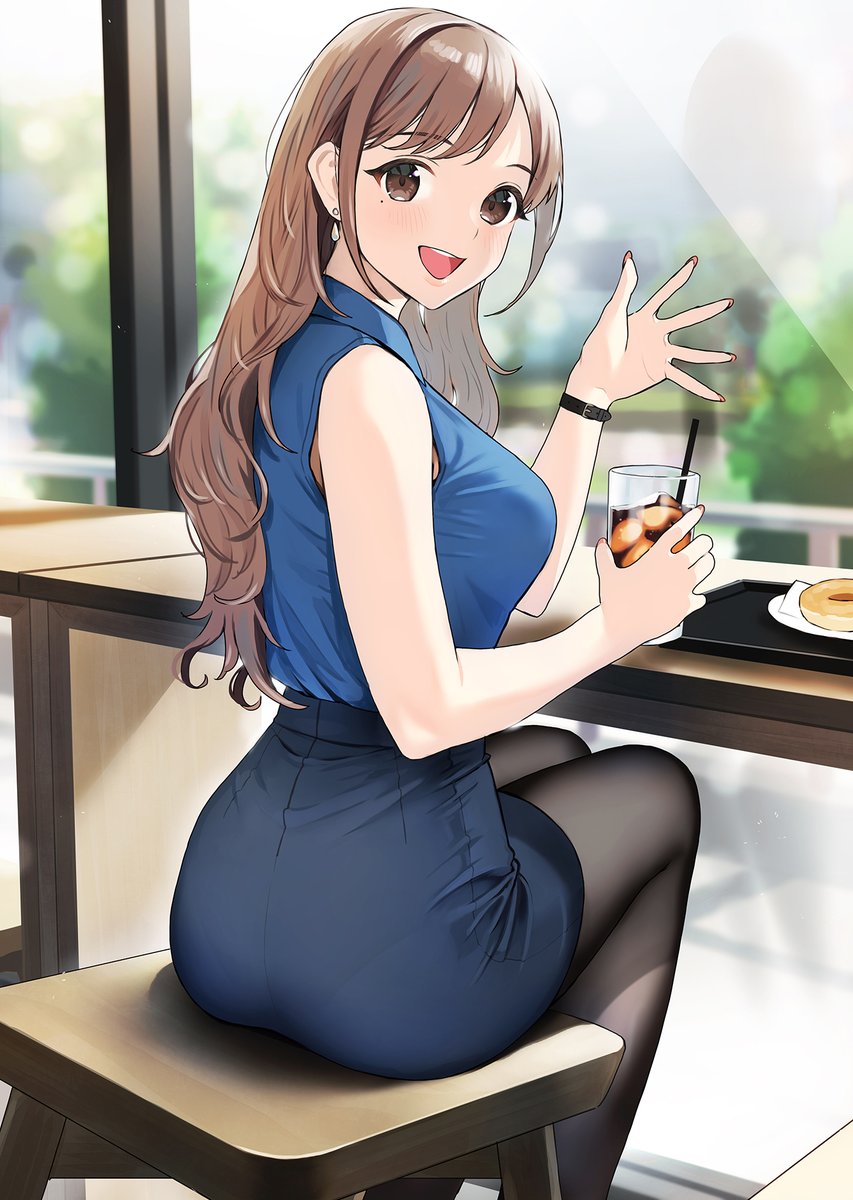 1girl akaori_umeka arm_up arms_up black_pantyhose blue_skirt blurry blurry_background blush breasts brown_eyes brown_hair chair cup doushimasho drink drinking_glass drinking_straw food high-waist_skirt highres holding holding_cup indoors large_breasts long_hair looking_at_viewer nail_polish office_lady open_mouth original outdoors pantyhose pencil_skirt pink_nails plate shirt skirt sleeveless sleeveless_shirt stool table teeth tray tree upper_teeth_only watch window wooden_stool wooden_table wristwatch