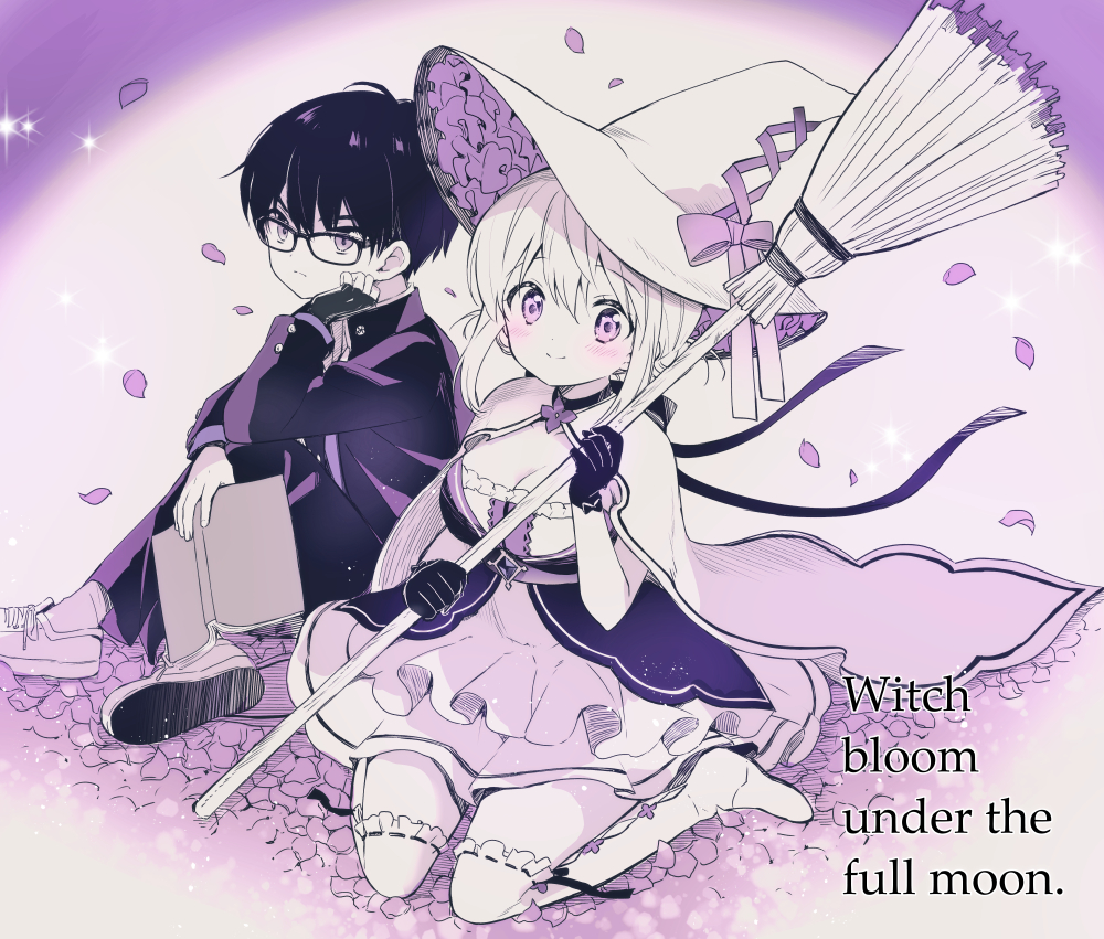 &gt;:( 1boy 1girl ahoge anachronism black-framed_eyewear black_gloves black_hair book boots bow breasts broom cleavage closed_mouth commentary_request copyright_name cuff_links dress english_text engrish_text falling_petals fantasy fingerless_gloves flower flower_brooch flower_request foot_out_of_frame frilled_dress frilled_hat frills frown full_body furrowed_brow gakuran glasses gloves hand_on_own_face hand_up hara_yui hat hat_bow holding holding_book holding_broom hotaka_koichi legs_up light_blush long_sleeves looking_at_viewer majo_wa_mangetsu_ni_saku medium_breasts messy_hair minato_shima monochrome multicolored_background official_art on_floor on_petals outdoors petals petals_on_ground pink_bow purple_background purple_eyes purple_flower purple_petals purple_ribbon purple_theme ranguage ribbon school_uniform shawl shirt shoelaces shoes short_hair sidelocks simple_background sitting smile sneakers socks thighhighs v-shaped_eyebrows wariza white_background white_footwear white_hair white_shawl white_shirt white_socks witch witch_hat zettai_ryouiki