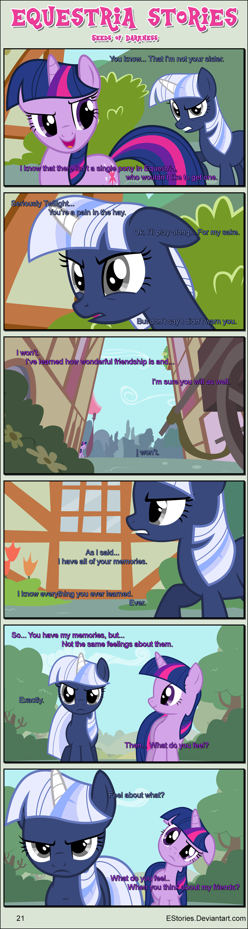 absurd_res bandage bandaged_horn bangs building cutie_mark dialogue duo ears_down ears_up equid equine estories female feral flower friendship_is_magic frown hasbro hi_res horn mammal my_little_pony open_mouth outside pivoted_ears plant ponyville silverlay_(estories) smile tree twilight_sparkle_(mlp) unicorn window