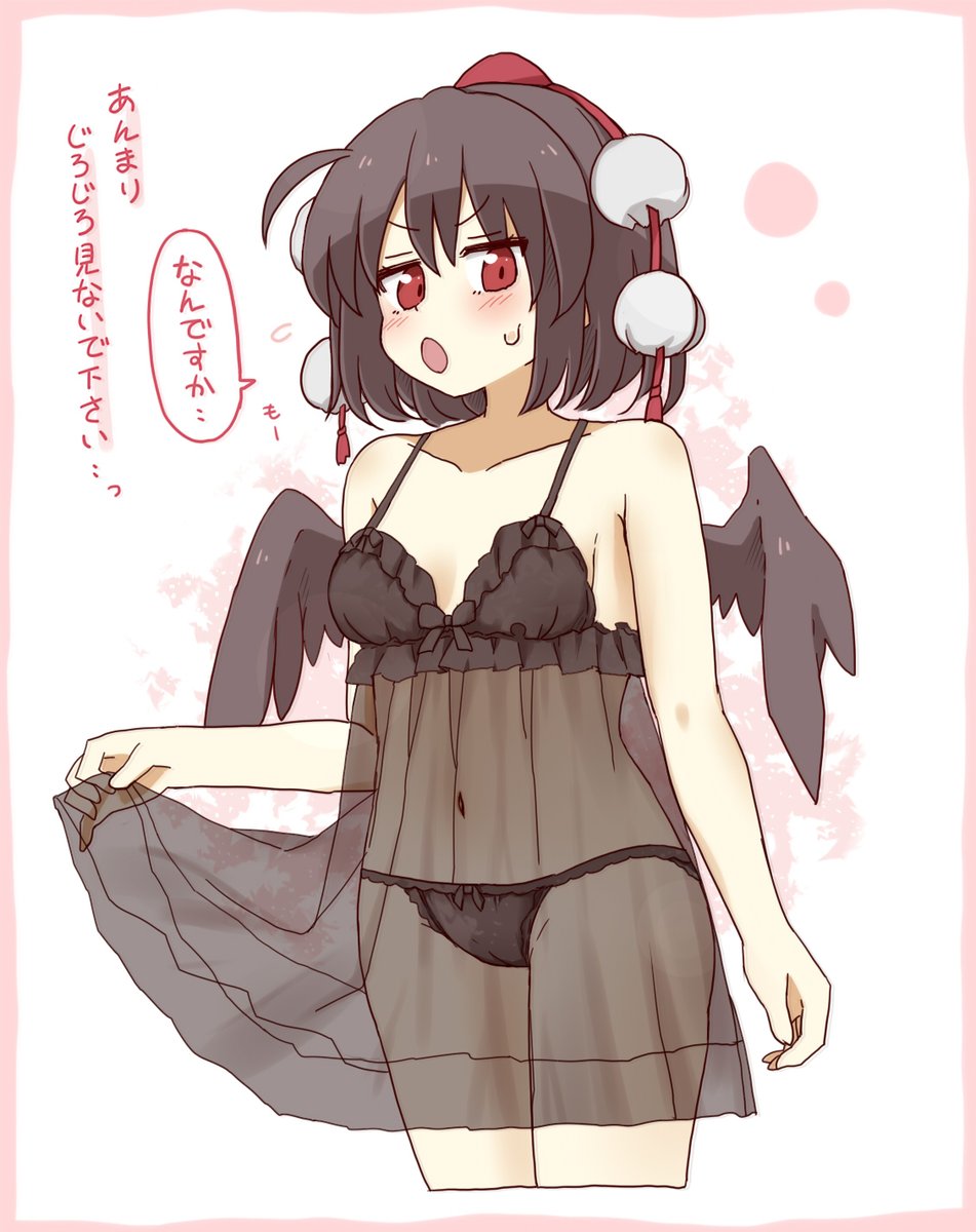 1girl babydoll bare_arms bare_shoulders black_hair black_panties black_wings blush bow bow_panties breasts collarbone commentary_request cropped_legs feathered_wings flying_sweatdrops hair_between_eyes hat highres looking_at_viewer medium_breasts navel open_mouth panties red_eyes red_headwear see-through shameimaru_aya solo sweat tokin_hat totoharu_(kujirai_minato) touhou translation_request underwear underwear_only white_background wings