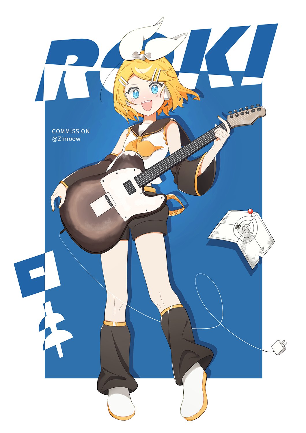 1girl :d aqua_eyes bare_shoulders black_sailor_collar black_shorts black_sleeves blonde_hair blue_background blue_eyes bow cable crop_top detached_sleeves fang flat_chest hair_bow hair_ornament hairclip headphones headset highres holding_guitar kagamine_rin leg_warmers looking_at_viewer midriff open_mouth roki_(vocaloid) sailor_collar sailor_shirt shirt short_hair shorts sleeveless sleeveless_shirt smile solo unplugged vocaloid white_bow white_footwear yellow_nails zimoow