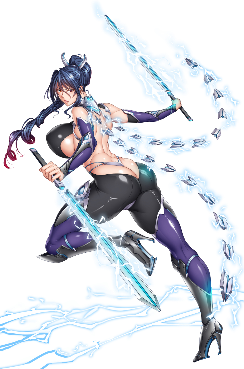 1girl action_taimanin ass bare_shoulders blue_hair blush bodysuit boots bouncing_breasts breasts cameltoe curvy electricity fei_(maidoll) full_body high_ponytail highleg highleg_leotard highres holding holding_sword holding_weapon huge_ass jumping large_breasts leotard lilith-soft lips long_hair looking_to_the_side official_art ponytail shiny_skin simple_background sword taimanin_(series) taimanin_rpgx uehara_rin very_long_hair weapon white_background