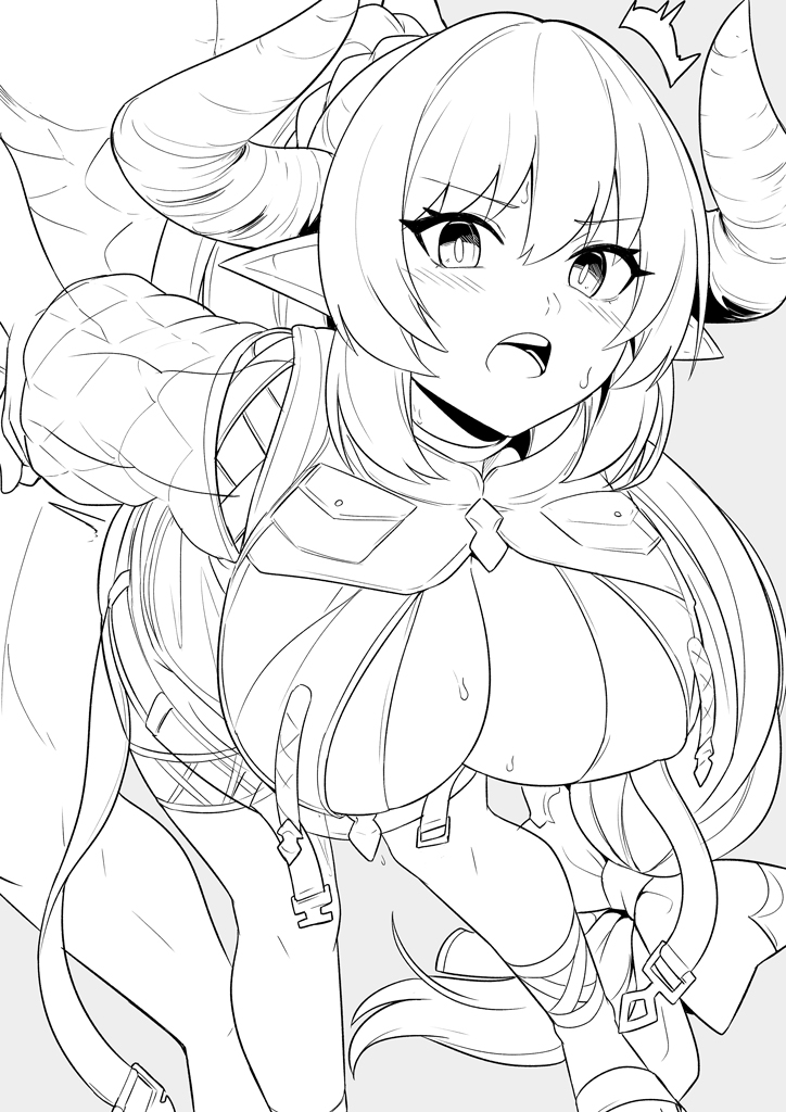 1boy 1girl aliza_(granblue_fantasy) aliza_(summer)_(granblue_fantasy) bent_over bikini blush breasts cleavage draph granblue_fantasy horns implied_sex jacket large_breasts lineart long_hair long_sleeves looking_at_viewer open_mouth pointy_ears shiseki_hirame solo_focus swimsuit