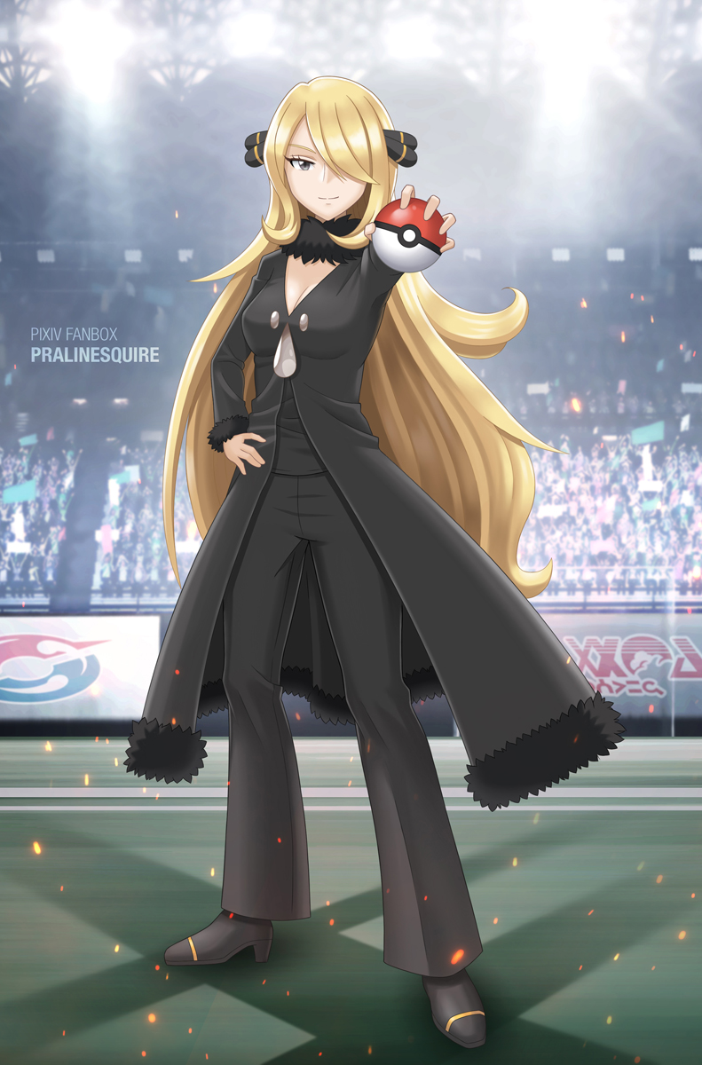 1girl blonde_hair breasts cleavage closed_mouth confetti crowd cynthia_(pokemon) full_body fur_collar hair_ornament hair_over_one_eye hand_on_own_hip highres holding holding_poke_ball light_smile long_hair looking_at_viewer medium_breasts outstretched_arm poke_ball poke_ball_(basic) pokemon pokemon_(game) pokemon_dppt pralinesquire solo stadium stadium_lights standing very_long_hair