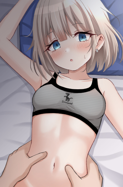 1boy 1girl arm_up bed_sheet blue_eyes blush bra breasts collarbone commentary dot_nose earrings eyelashes frozenpile grey_bra idolmaster idolmaster_shiny_colors jewelry light_brown_hair looking_at_viewer lying messy_hair navel on_bed parted_lips pillow serizawa_asahi short_hair sidelocks small_breasts sports_bra stomach striped striped_bra sweat torso_grab underwear