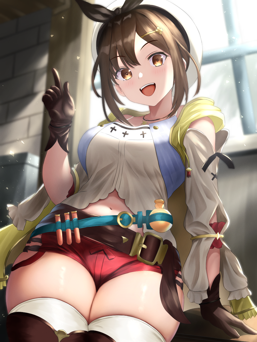 asanagi_shion atelier_(series) atelier_ryza belt beret black_bow blue_belt boots bow breasts brick_wall brown_belt brown_eyes brown_footwear brown_gloves brown_hair flask gloves hair_ornament hairclip hat hat_bow highres jacket jewelry large_breasts navel necklace open_clothes open_jacket open_mouth plus_sign red_shorts reisalin_stout shirt short_hair shorts sleeveless sleeveless_jacket star_(symbol) star_necklace thigh_boots thighhighs thighs white_headwear white_shirt white_thighhighs window yellow_jacket