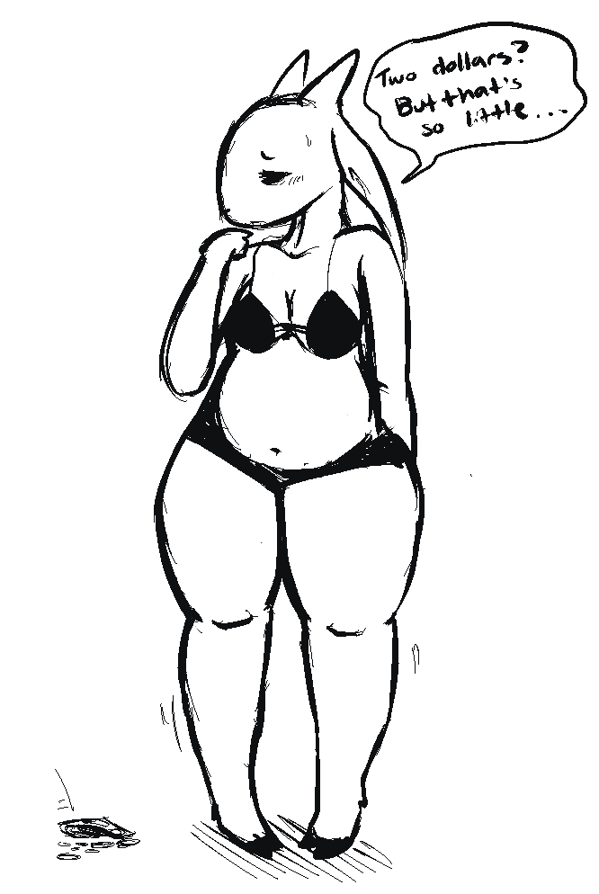 2010 2_horns anthro belly_overhang black_and_white blush bodily_fluids bovid bra breasts caprine clothing dialogue english_text female goat horn mammal medium_breasts monochrome nan_(nq) nan_quest navel panties pear-shaped_figure prostitution simple_background sketch slightly_chubby solo speech_bubble sweat text thick_thighs underwear white_background wide_hips yattermang