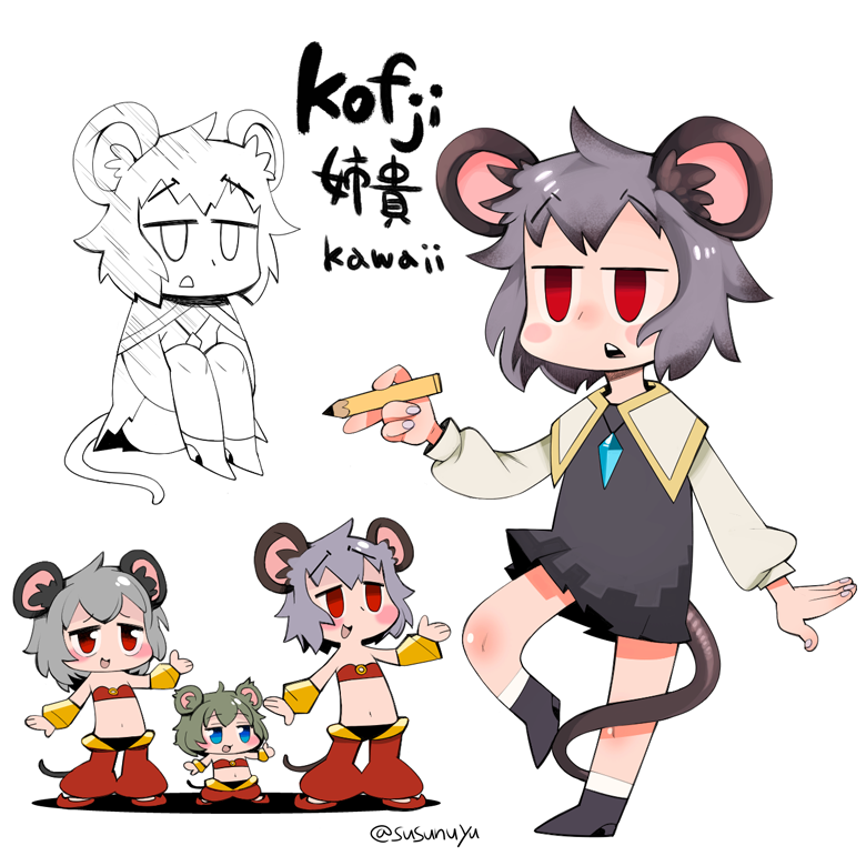 3girls animal_ears bandeau blue_eyes blush bracer commentary_request cookie_(touhou) cosplay crystal dress fake_nyon_(cookie) flat_chest full_body grey_dress grey_hair holding holding_pencil jewelry kofji_(cookie) kohakagutibi mouse_ears mouse_girl mouse_tail multiple_girls nazrin nyon_(cookie) open_mouth pants pencil pendant red_bandeau red_eyes red_pants shantae shantae_(cosplay) shantae_(series) short_hair simple_background smile standing tail touhou white_background