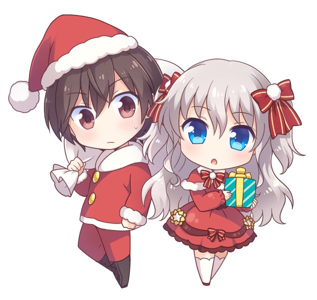 1boy 1girl bag black_thighhighs blue_eyes blush bow box brown_eyes brown_hair capelet charlotte_(anime) chibi christmas commentary_request crossed_bangs dress dress_bow frilled_dress frills fur-trimmed_capelet fur_trim gift gift_bag gift_box grey_hair hair_between_eyes hair_bow hat hetero holding holding_bag holding_gift kousetsu long_hair looking_at_viewer open_mouth otosaka_yuu pom_pom_(clothes) red_bow santa_capelet santa_costume santa_dress santa_hat short_hair sidelocks simple_background star_ornament sweatdrop thighhighs tomori_nao two_side_up wavy_hair white_background