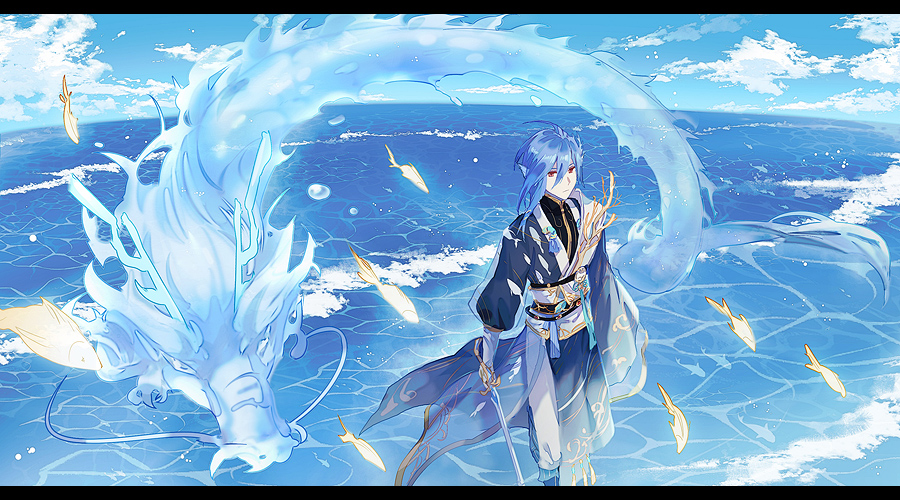 1boy asymmetrical_sleeves black_shirt blue_hair blue_robe chinese_clothes closed_mouth cloud coral_hair_ornament day double-parted_bangs dragon eastern_dragon expressionless feet_out_of_frame feng_sheng_shui_qi fins fish gold_trim hair_between_eyes head_fins holding holding_sword holding_weapon letterboxed long_sleeves looking_at_viewer male_focus mandarin_collar medium_hair ocean pants red_eyes robe sash see-through see-through_sleeves shirt solo standing sword the_tale_of_food toruglose waves weapon white_pants white_sash wide_sleeves