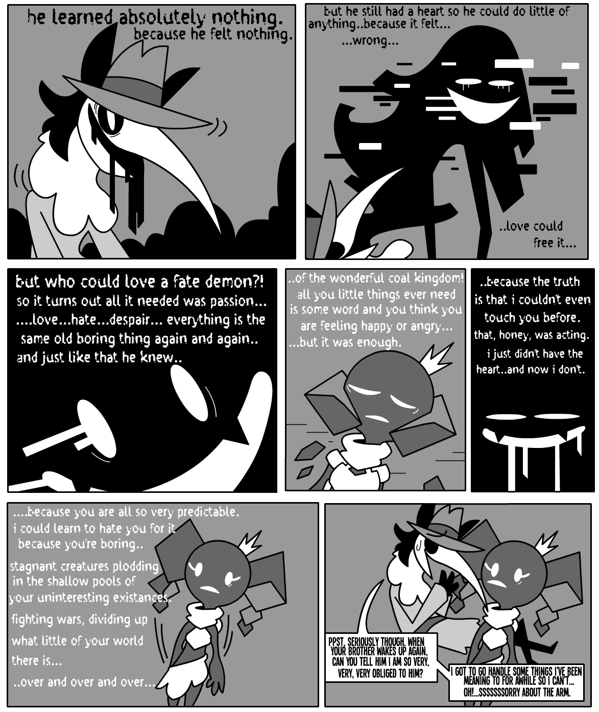 ambiguous_gender black_text bodily_fluids border clothed clothing comic crazed_look crown debris demon dialogue elemental_creature elemental_humanoid english_text eyes_closed female floating_eyebrows glitch grey_background greyscale group hat headgear headwear hi_res humanoid i_can_be_a_princess looking_at_another lying male mineral_fauna mineral_humanoid monochrome motion_lines narrowed_eyes on_back prince princess princess_coal royalty scared shane_frost silhouette simple_background smile smoke speech_bubble sweat sweatdrop teeth text topwear trio vomit white_border white_text yuu_eye