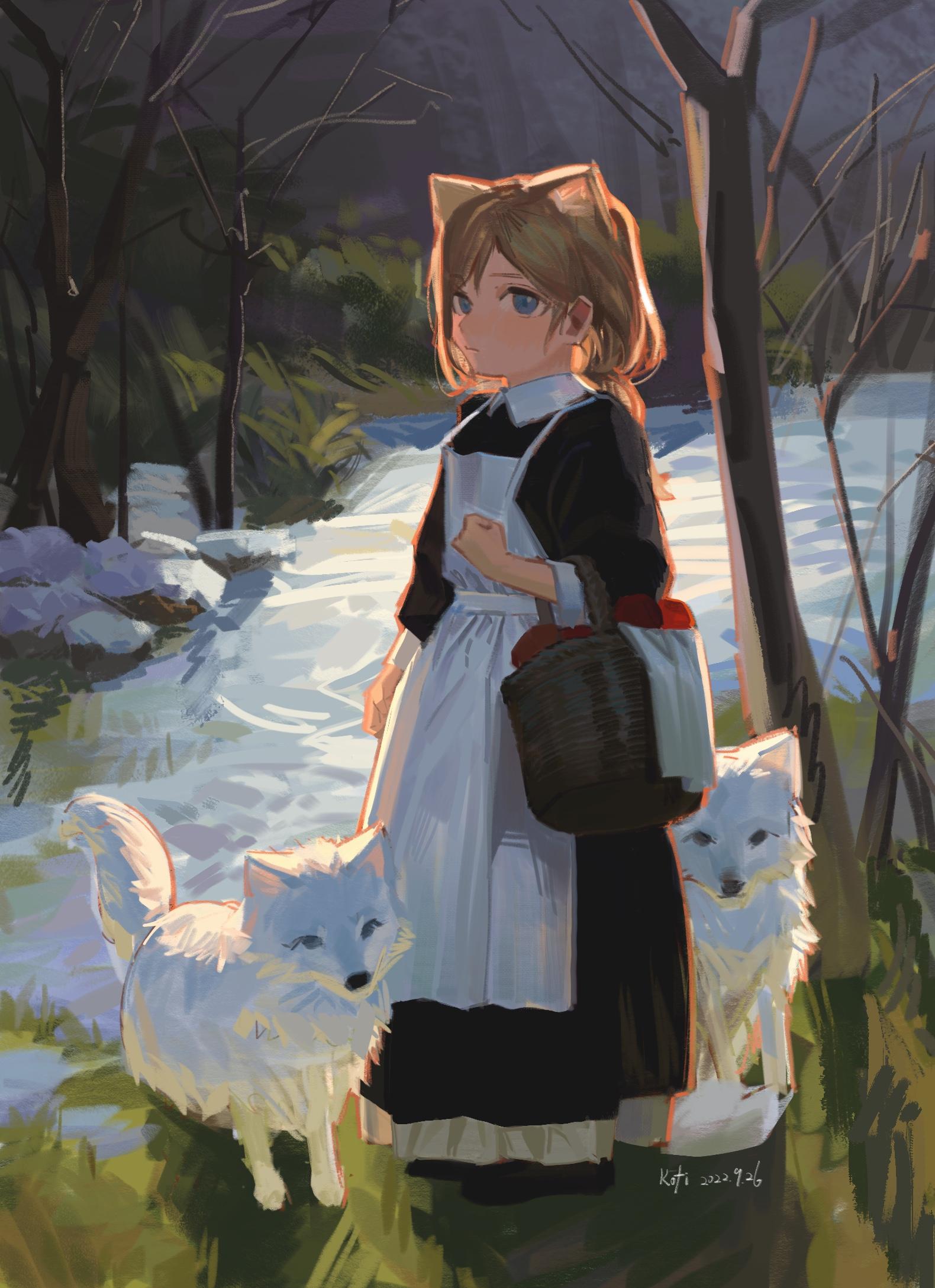 1girl :/ animal_ears apron artist_name backlighting basket black_dress blue_eyes brown_hair cat_ears dated dog dress from_side full_body grass highres holding holding_basket kofi-mo long_dress long_hair long_sleeves looking_at_viewer low-tied_long_hair original outdoors river signature sketch solo standing tree white_apron