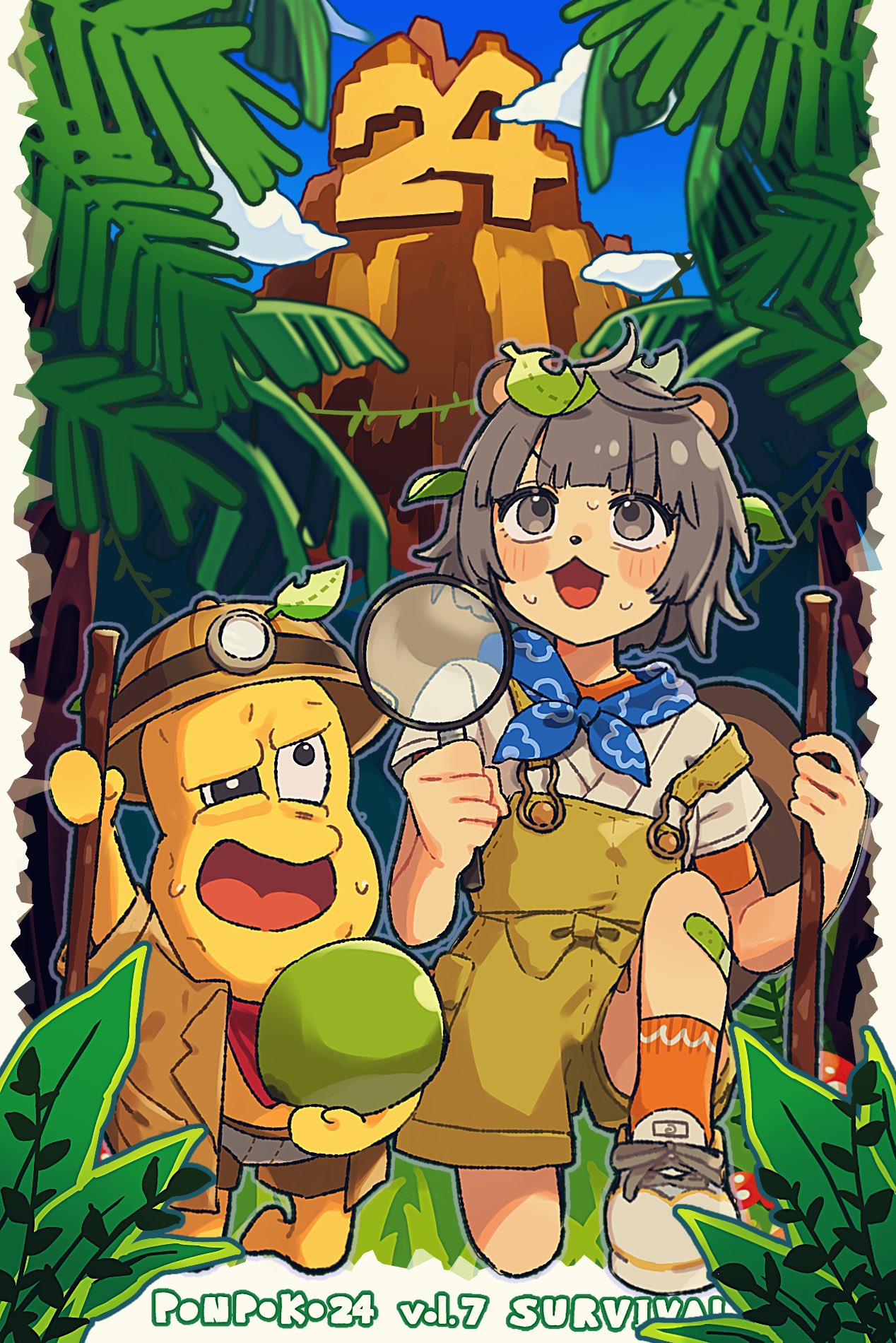 1boy 1girl :3 animal_ears blue_scarf blush brown_jacket grey_eyes grey_hair helmet highres holding holding_magnifying_glass jacket japanese_clothes jungle kimono leaf leaf_on_head long_sleeves magnifying_glass mode_aim nature open_mouth peanuts-kun plant ponpoko_(vtuber) raccoon_ears raccoon_tail scarf short_hair short_sleeves tail temple tree uminokaisen vines white_kimono yellow_overalls