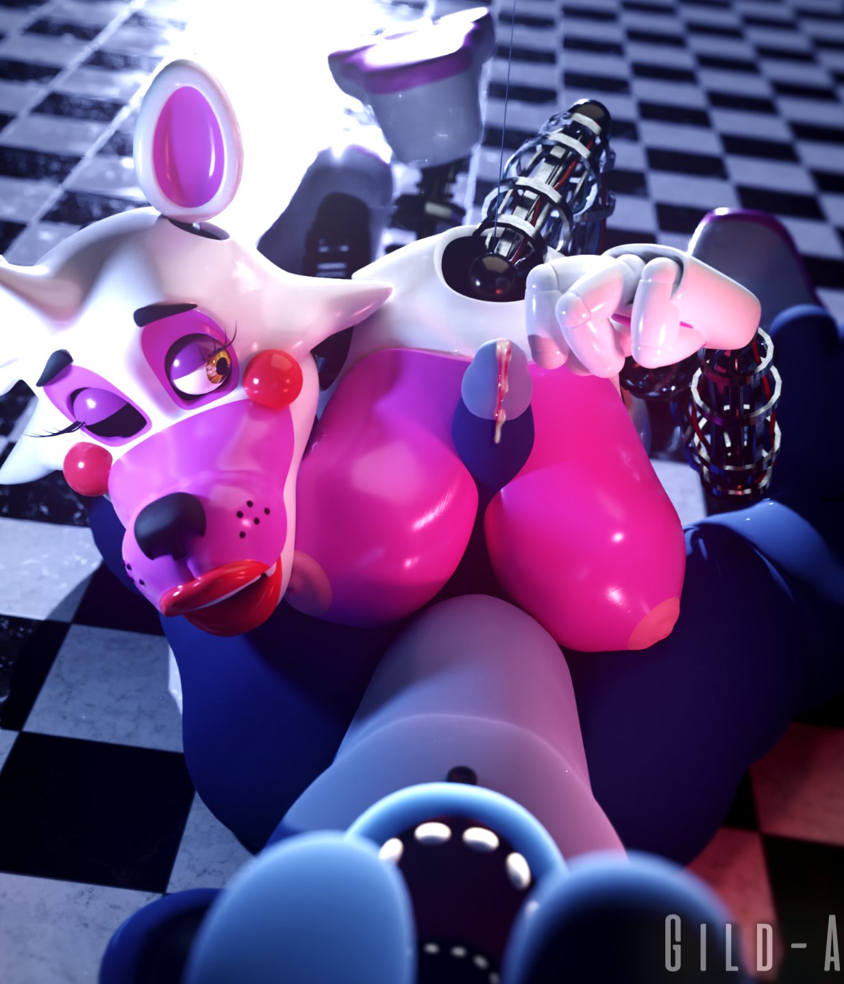 3d_(artwork) animatronic anthro bodily_fluids breast_play breasts canid cum digital_media_(artwork) duo exposed_endoskeleton female five_nights_at_freddy's five_nights_at_freddy's_2 genital_fluids genitals gild-a hi_res lagomorph leporid machine male male/female mammal mangle_(fnaf) mangled nipples penis rabbit robot scottgames sex titfuck withered_bonnie_(fnaf)