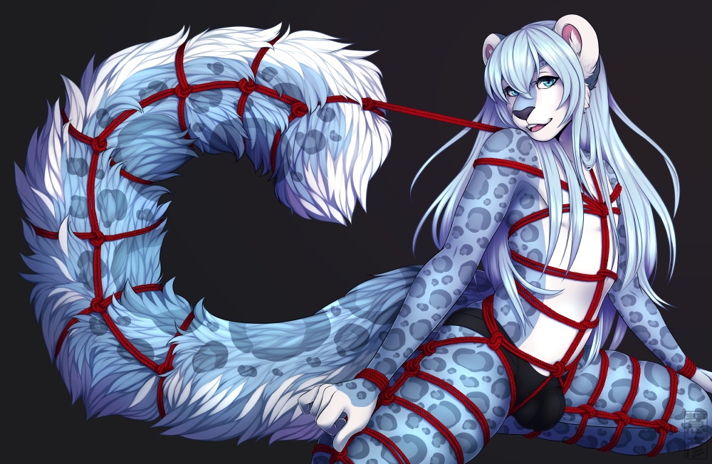 anthro bdsm blue_body blue_eyes blue_fur bondage bound bulge countershade_face countershade_fur countershade_tail countershade_torso countershading felid fur hair long_hair male mammal masahikoko pantherine resine snow_leopard solo tail