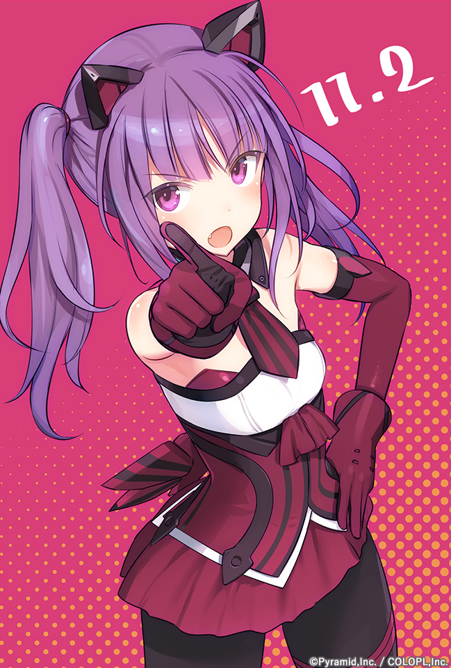 1girl alice_gear_aegis bare_shoulders birthday black_pantyhose blush breasts commentary_request cowboy_shot dated detached_collar dotted_background dress elbow_gloves fang gloves hand_on_own_hip ichijou_ayaka long_hair mechanical_ears official_art open_mouth pantyhose pointing pointing_at_viewer purple_eyes purple_hair shimada_fumikane small_breasts solo strapless strapless_dress twintails