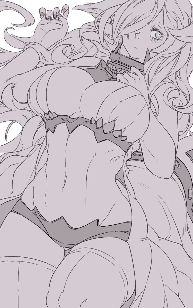 1girl abyssal_ship breasts cleavage closed_mouth commentary_request dress french_battleship_princess french_commentary greyscale hair_over_one_eye hands_on_own_chest highres kantai_collection large_breasts long_hair looking_at_viewer monochrome oso_(toolate) simple_background sketch solo very_long_hair