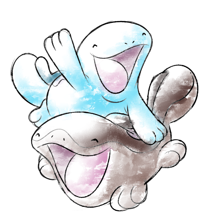 animal_focus arm_up clodsire closed_eyes commentary english_commentary happy no_humans nostrils open_mouth pokemon pokemon_(creature) quagsire simple_background sugimori_ken_(style) transparent_background wupar