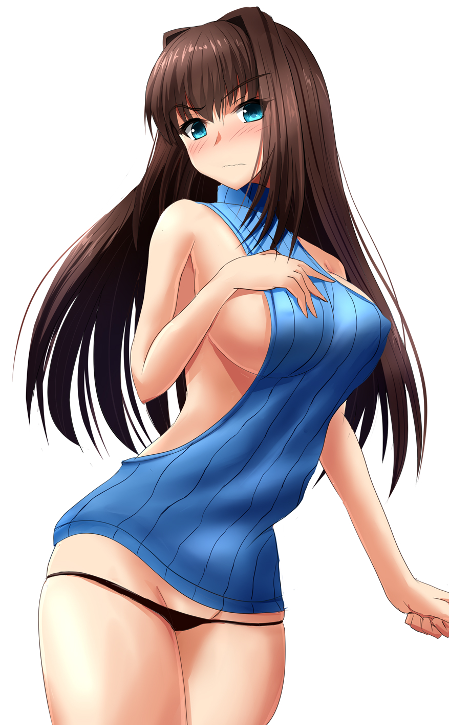 1girl aozaki_aoko aqua_eyes backless_outfit bare_shoulders black_panties blue_sweater_vest blush breasts brown_hair closed_mouth commentary_request covered_nipples hair_intakes highres large_breasts long_hair looking_at_viewer mahou_tsukai_no_yoru meme_attire panties ribbed_sweater sideboob simple_background sleeveless sleeveless_sweater solo sweater sweater_vest turtleneck turtleneck_sweater underwear very_long_hair virgin_killer_sweater white_background yuuk33