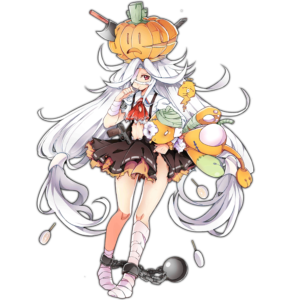 1girl ascot axe ball_and_chain_restraint bandage_on_leg bandage_over_one_eye bandaged_leg bandaged_wrist bandages black_skirt bolt candy damaged food food_in_mouth frown full_body girls'_frontline giving_up_the_ghost gun gun_to_head hair_tubes halloween halloween_costume halo handgun hat hippos holding holding_candy holding_food holding_gun holding_lollipop holding_stuffed_toy holding_weapon layered_skirt lollipop long_hair long_sleeves looking_at_viewer makarov_(girls'_frontline) makarov_(pumpkin_mishka)_(girls'_frontline) makarov_pm object_through_head official_alternate_costume official_art orange_skirt own_hands_together pumpkin red_ascot red_eyes shirt simple_background skirt solo standing stuffed_animal stuffed_toy sword_in_head tombstone torn_clothes torn_shirt torn_skirt transparent_background two-tone_skirt very_long_hair weapon white_hair white_shirt