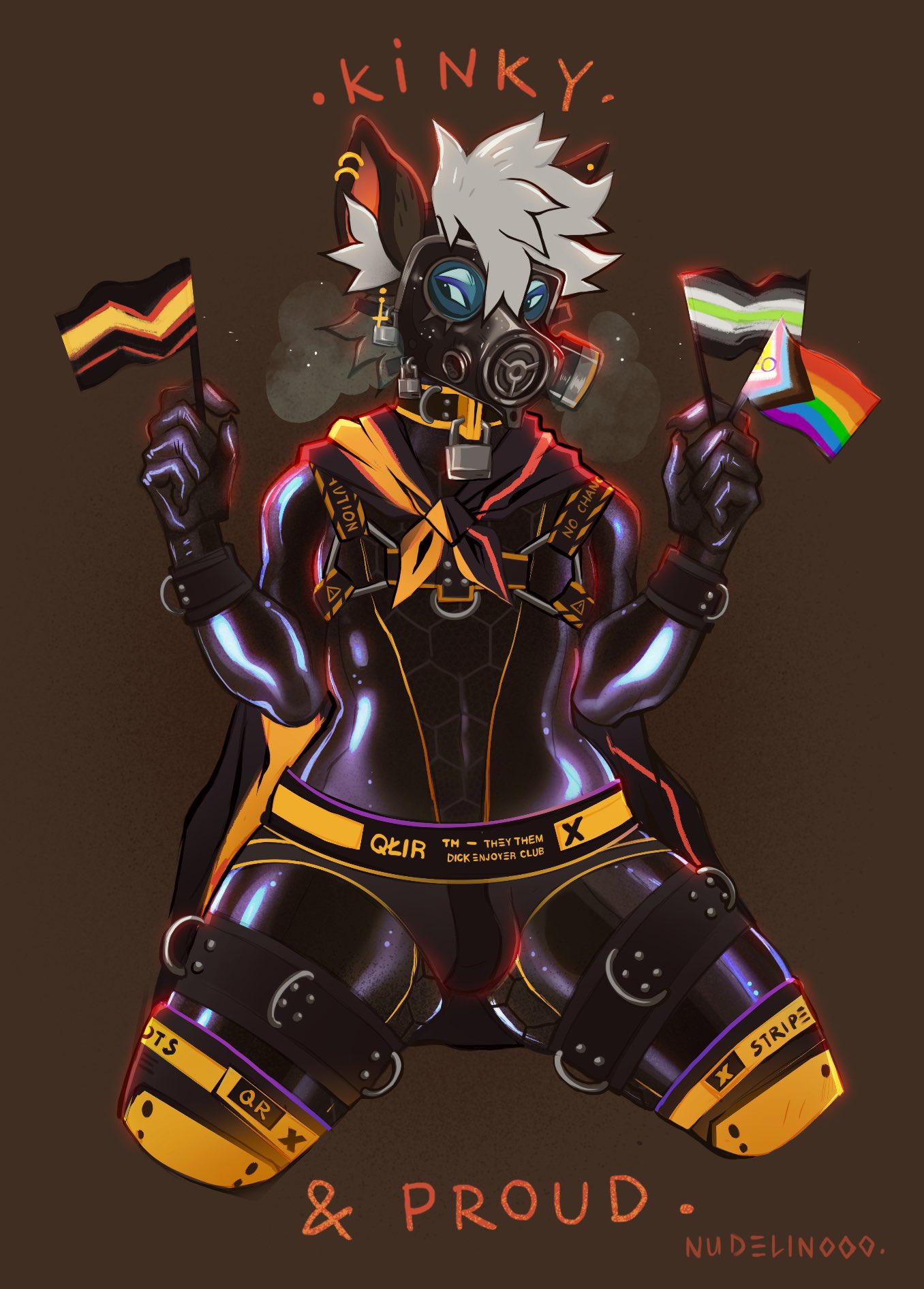 2023 agender_pride_colors anthro artist_name bdsm_gear breath brown_background brown_body brown_ears brown_fur bulge canid canine cape cheek_tuft clothing english_text facial_tuft flag front_view full-length_portrait fur gas_mask gloves grey_hair grey_inner_ear_fluff hair handwear hi_res holding_flag holding_object inner_ear_fluff kneeling latex_gloves lgbt_pride looking_aside male mammal mask nonbinary_(lore) nudelinooo portrait pride_colors progress_pride_colors rubber rubber_clothing rubber_suit simple_background solo text tuft