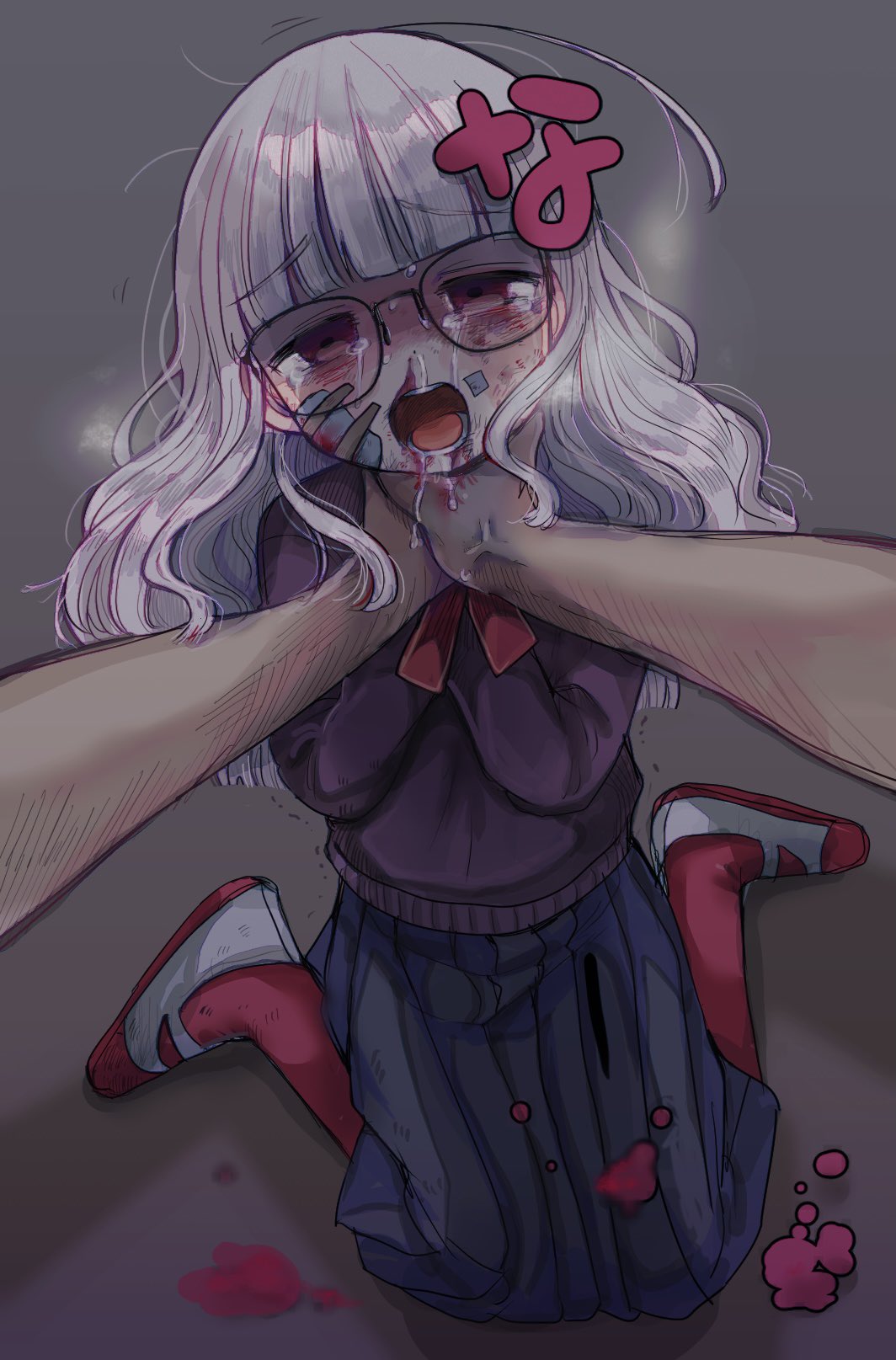1girl ahoge artist_self-insert asphyxiation bags_under_eyes blood blood_from_mouth blood_splatter blue_skirt blunt_bangs bruise bruise_on_face commentary_request crying crying_with_eyes_open drooling full_body furrowed_brow gauze_on_cheek glasses grey_background grey_hair half-closed_eyes head_tilt highres injury long_hair long_sleeves looking_at_viewer messy_hair nosebleed original pantyhose pleated_skirt pov pov_hands purple_sweater red_eyes red_pantyhose ryona shadow shoes sidelocks sitting skirt snot solo_focus strangling sweater tears text_hair_ornament uwabaki wariza wavy_hair yasashii_naizou yasashii_naizou-chan