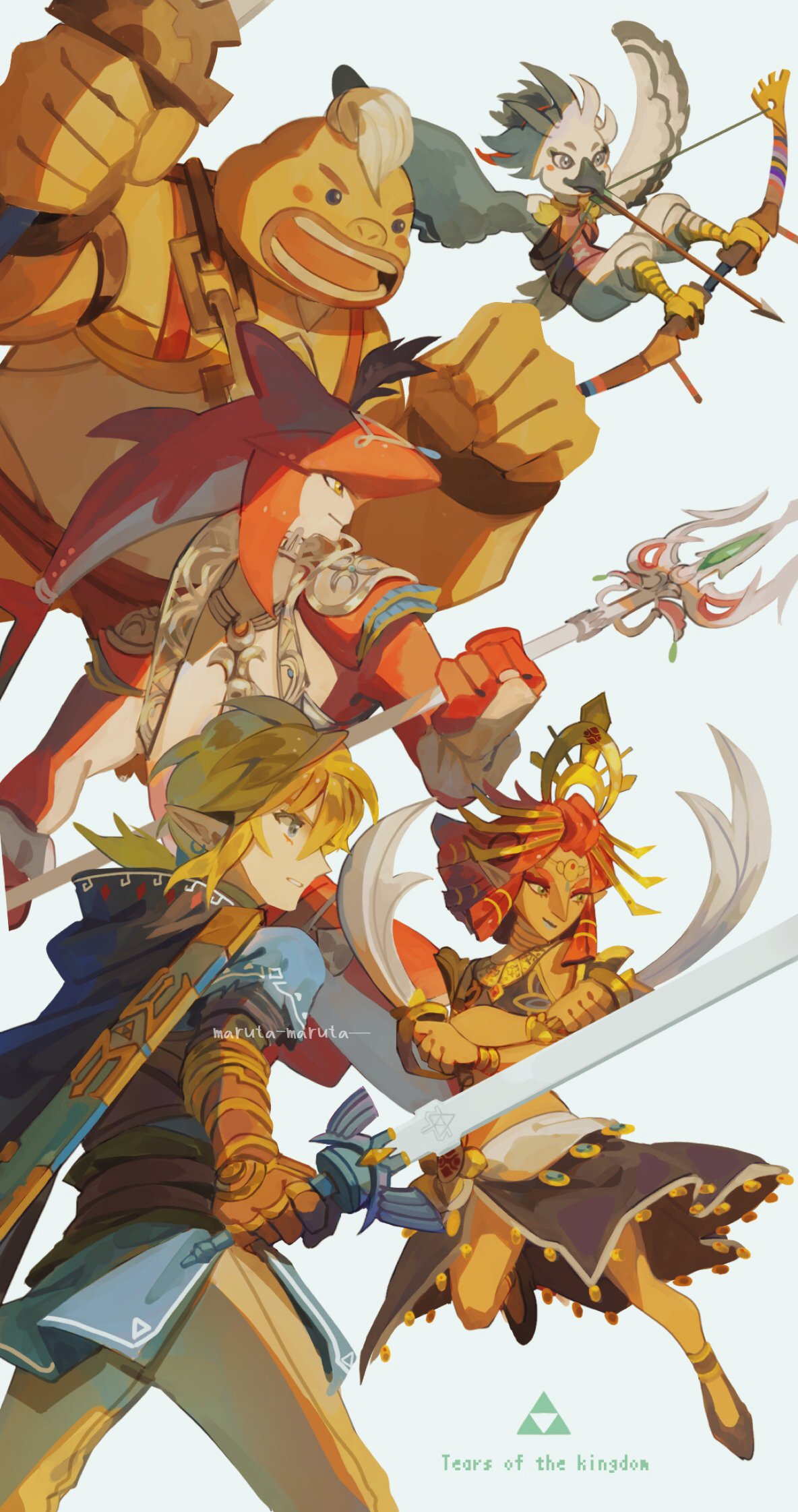 1girl 4boys armlet arrow_(projectile) bare_shoulders bird_boy black_cape black_cloak blonde_hair blue_eyes bow_(weapon) cape champion's_tunic_(zelda) chest_jewel cloak colored_skin crop_top dark-skinned_female dark_skin dual_wielding earrings feathers fish_boy gauntlets gerudo gloves goron green_eyes headpiece highres holding holding_bow_(weapon) holding_sword holding_trident holding_weapon hood hooded_cape hooded_cloak jewelry leather leather_gloves link long_nose maruta_maruta master_sword midriff multiple_boys neck_ring open_mouth pants pointy_ears red_hair red_skin riju rito scimitar short_hair short_ponytail shoulder_plates sidelocks sidon sword the_legend_of_zelda the_legend_of_zelda:_tears_of_the_kingdom triforce tulin_(zelda) weapon white_feathers white_pants yellow_eyes yunobo zora