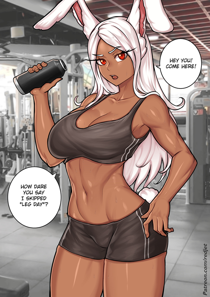 2023 animal_humanoid athletic athletic_female bottle bottomwear bra breasts brown_body brown_skin clothing container dialogue english_text female gym hair humanoid lagomorph lagomorph_humanoid leporid_humanoid looking_at_viewer mammal mammal_humanoid miruko my_hero_academia rabbit_humanoid red_eyes redjet00 shorts solo sports_bra talking_to_viewer text underwear water_bottle white_hair