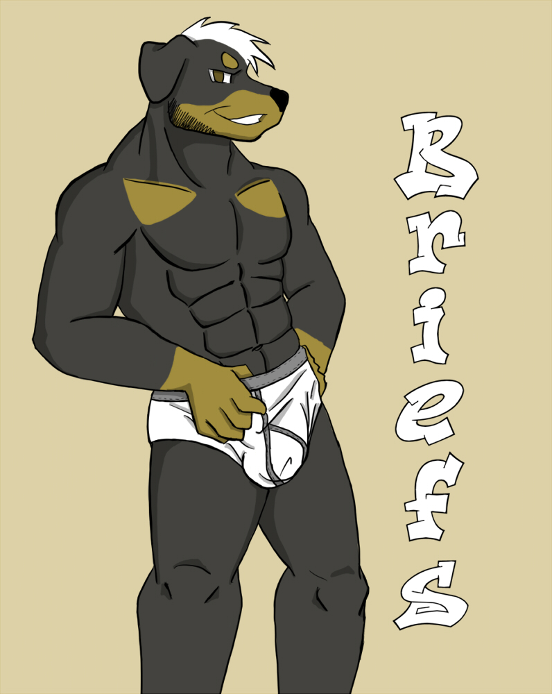 anthro black_body black_fur black_nose briefs briefs_only brown_body brown_eyes brown_fur canid canine canis clothed clothing doggieo domestic_dog english_text fur hair holding_clothing holding_object holding_underwear male mammal mastiff molosser muscular muscular_male rottweiler simple_background smile solo tan_background text tighty_whities topless underwear underwear_only white_briefs white_clothing white_hair white_underwear