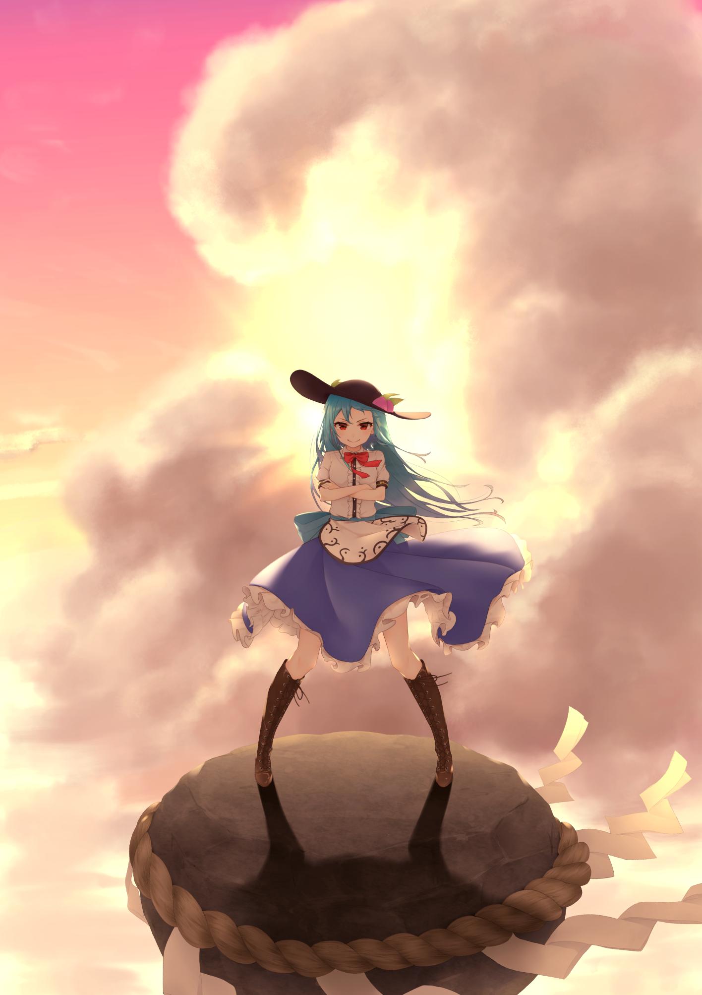 1girl black_headwear blue_hair blue_skirt boots bow bowtie brown_footwear closed_mouth cloud commentary crossed_arms food frilled_skirt frills fruit highres hinanawi_tenshi kanpa_(campagne_9) keystone long_hair looking_at_viewer outdoors peach red_bow red_bowtie red_eyes rope shimenawa shirt short_sleeves skirt smile solo touhou white_shirt