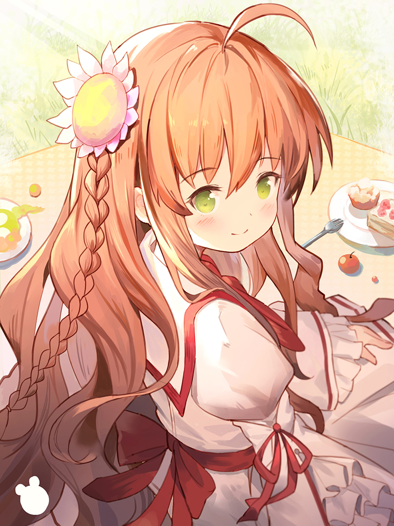 1girl ahoge back back_bow backlighting blush bow braid brown_hair cake cake_slice closed_mouth commentary day dress eyelashes flower food fork frilled_sleeves frills from_behind grass green_eyes hair_between_eyes hair_flower hair_ornament hair_over_shoulder juliet_sleeves kanbe_kotori kazamatsuri_institute_high_school_uniform leilin long_hair long_sleeves looking_at_viewer outdoors picnic pink_dress pink_flower puffy_sleeves red_bow red_ribbon rewrite ribbon school_uniform sidelocks sitting smile solo twin_braids upturned_eyes very_long_hair wavy_hair wide_sleeves