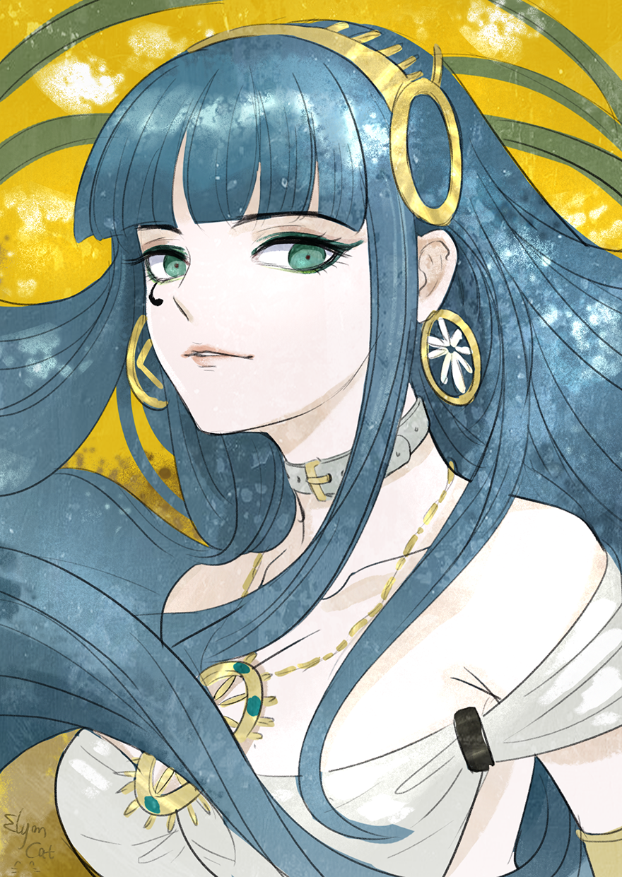 1girl belt_collar blue_hair breasts cleavage cleopatra_(fate) collar collarbone earrings egyptian_clothes elyoncat eyelashes eyeliner fate/grand_order fate_(series) green_eyes hairband highres hoop_earrings jewelry long_hair makeup parted_lips ring solo yellow_background