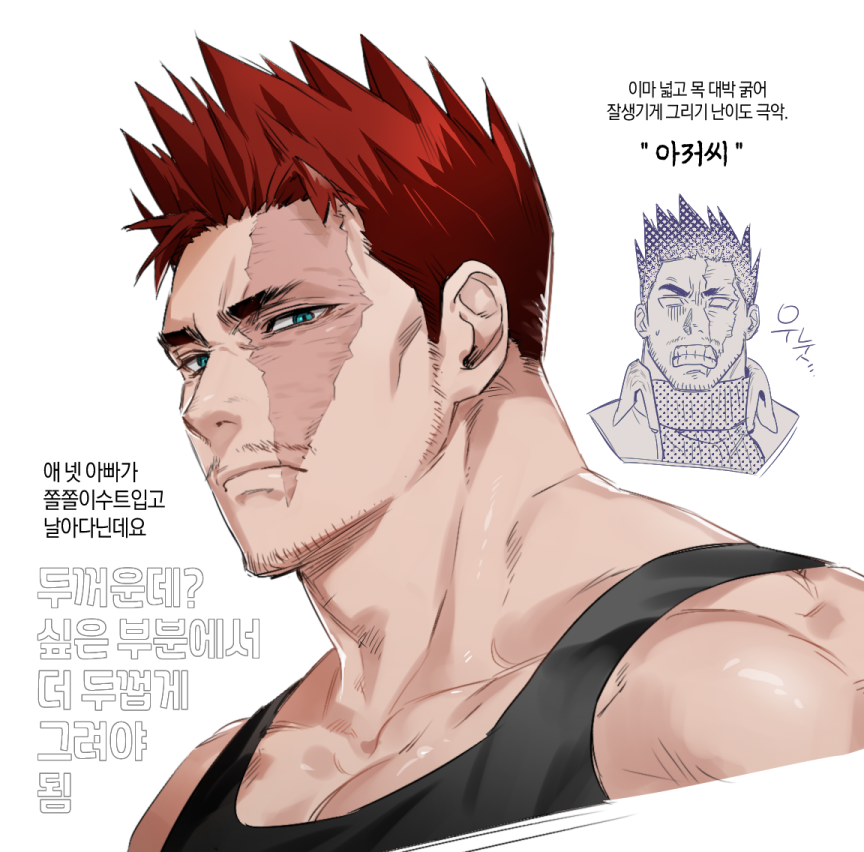 1boy adam's_apple alternate_costume bara beard beard_stubble black_tank_top boku_no_hero_academia cropped_shoulders cropped_torso endeavor_(boku_no_hero_academia) expressions facial_hair gonk1ll_is_real korean_text large_pectorals light_frown looking_at_viewer male_focus mature_male multiple_views muscular muscular_male pectoral_cleavage pectorals scar scar_across_eye short_hair sideburns spiked_hair stubble tank_top thick_eyebrows thick_neck translation_request turn_pale